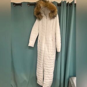 Women's White Quilted Coat with Faux Fur Hood